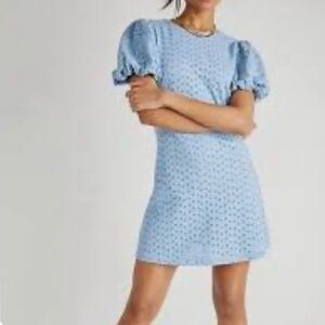 Free People Powder Blue Eyelet Puff-Sleeve Mini Dress